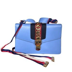 Authentic Gucci Sylvie Light Blue Leather Shoulder Bag
